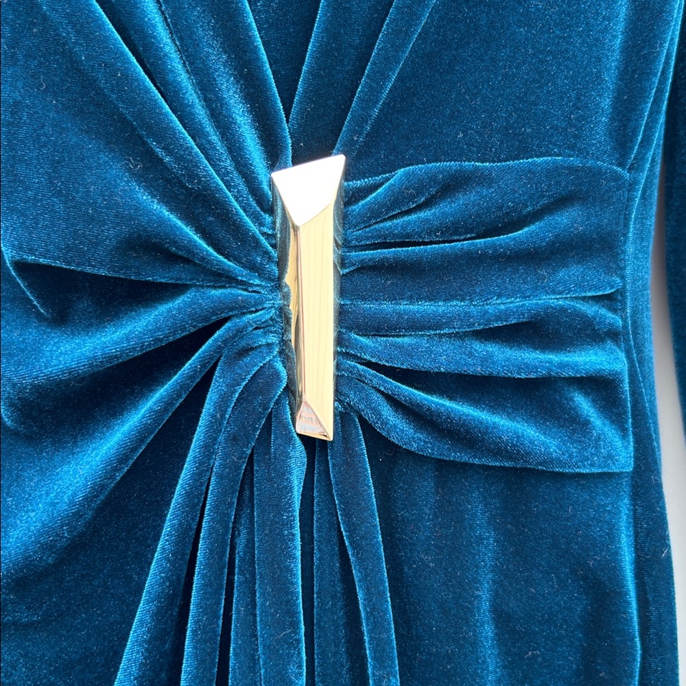 Calvin Klein Velvet V-Neck Dress Gold V-Bar Side Ruching Aquamarine Blue | Sz 8 - Picture 4 of 14